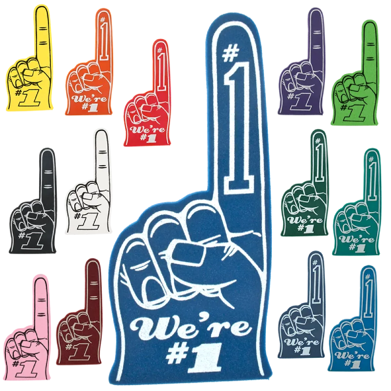 Colorful #1 foam fingers with “We’re #1” imprint, customizable promotional giveaway for spirited football tailgates.
