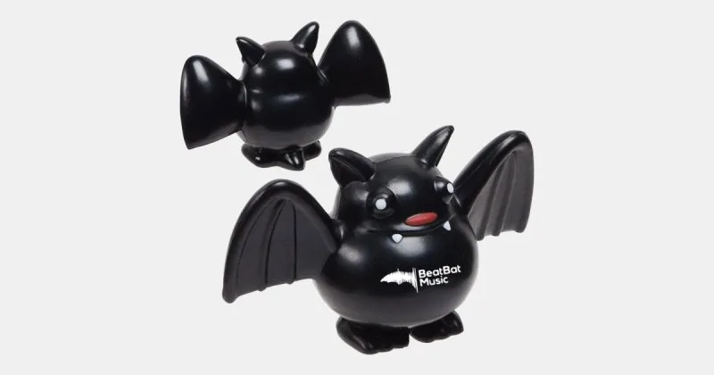 Custom bat stress reliever toy with wings and fangs, perfect Halloween promotional giveaway with logo imprint.