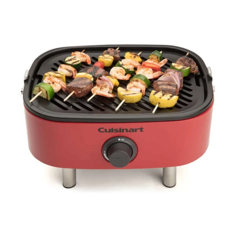 Portable Cuisinart Venture gas grill with skewers cooking at tailgate event, customizable for branding.
