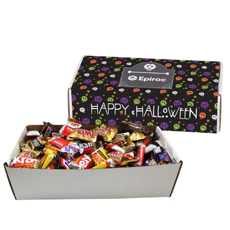 Branded Halloween candy mailer box filled with assorted chocolates, customizable packaging for festive seasonal promotional giveaways.
