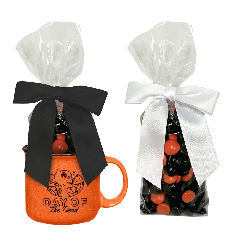 Orange campfire mug with retro design and candy gift bag, customizable Halloween promotional gift set option.