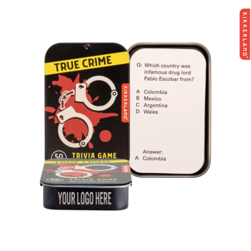 Kikkerland True Crime Trivia Tin with logo imprint, engaging branded Halloween giveaway for parties or events.