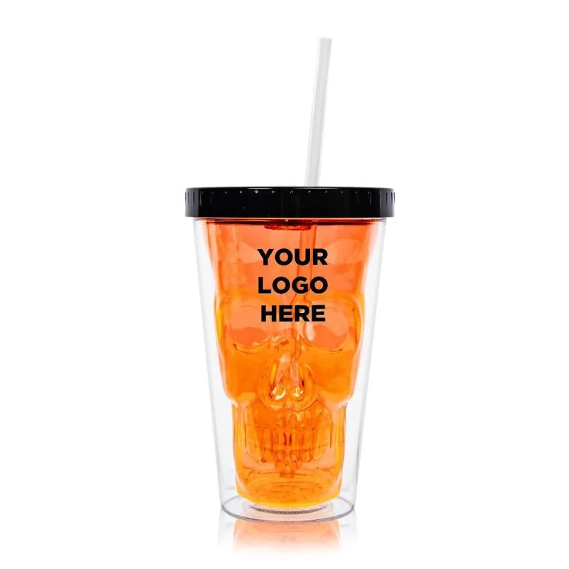 Neon orange LED skull tumbler with straw, light-up customizable Halloween drinkware promotional product for branding.