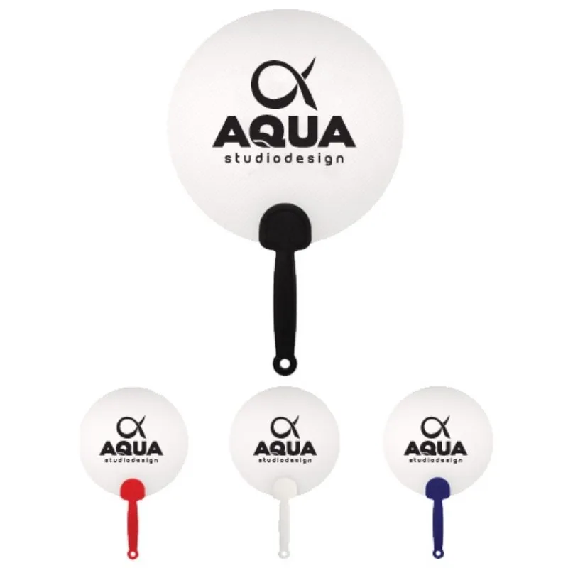Plastic promotional hand fan with custom logo imprint, practical branded giveaway for hot football tailgates.