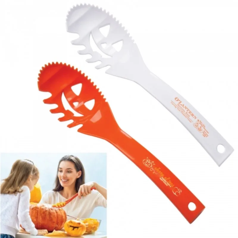 Pumpkin carving scoop tool with Jack-O-Lantern design, USA-made promotional item for branded Halloween giveaways.