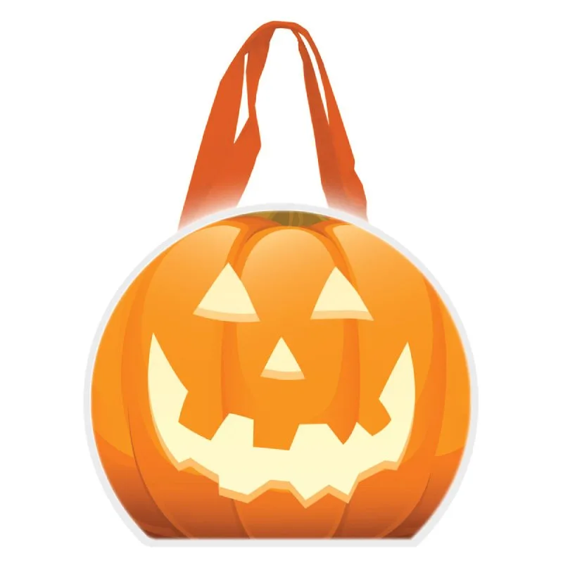 Reflective Halloween pumpkin non-woven tote bag with handles, reusable branded trick-or-treat promotional giveaway item.