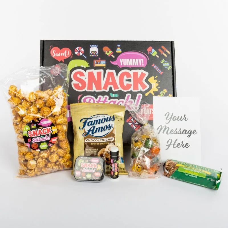 Snack Attack gift set with cookies, popcorn, granola, and customizable packaging, premium branded tailgate giveaway option.