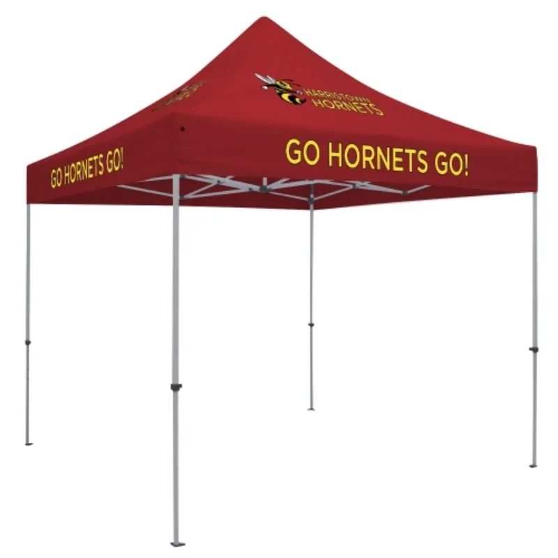 Custom 10-foot red canopy tent with printed “Go Hornets Go!” message, branded shade for tailgate promotions.