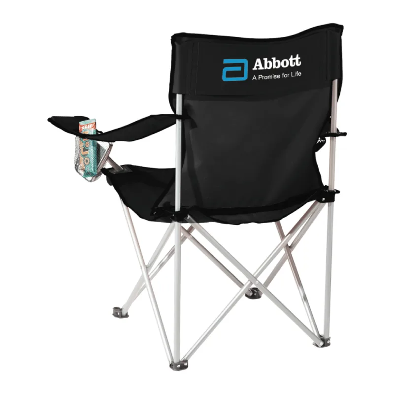 Custom folding event chair with logo imprint, drink holder, and carrying case for branded tailgate giveaways.