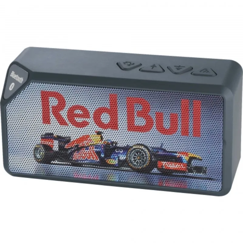 Compact custom Jabba Bluetooth speaker with Red Bull design, portable branded tech giveaway for football tailgates.