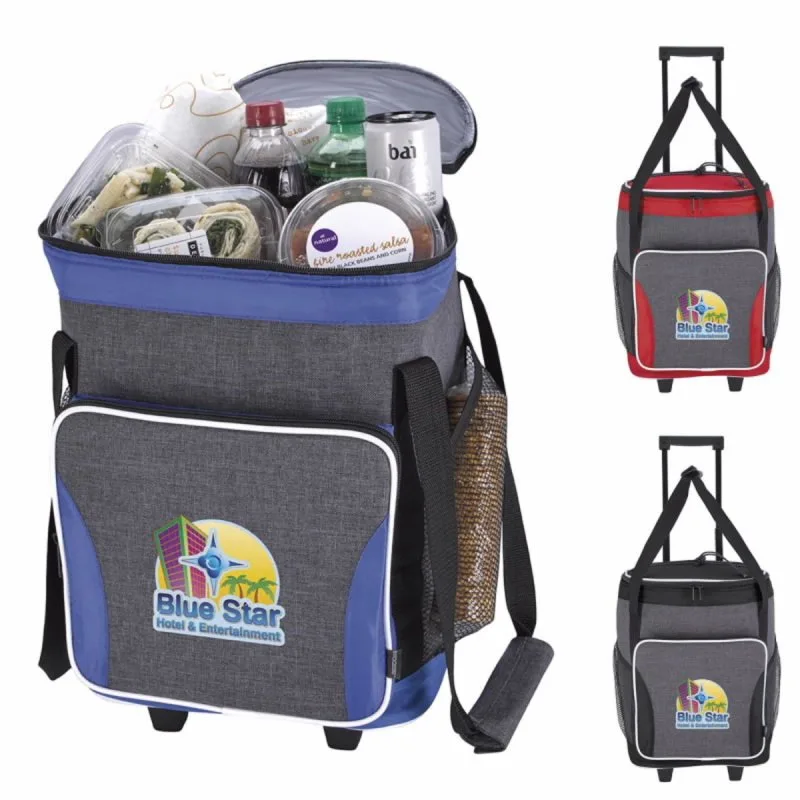 Branded Koozie two-tone rolling cooler with drinks and food storage, ideal for tailgate giveaway promotions.