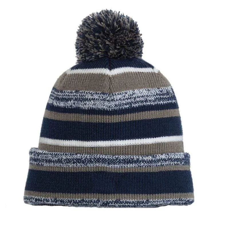 Striped New Era sideline beanie with pom, customizable winter apparel for branded football tailgate promotions.