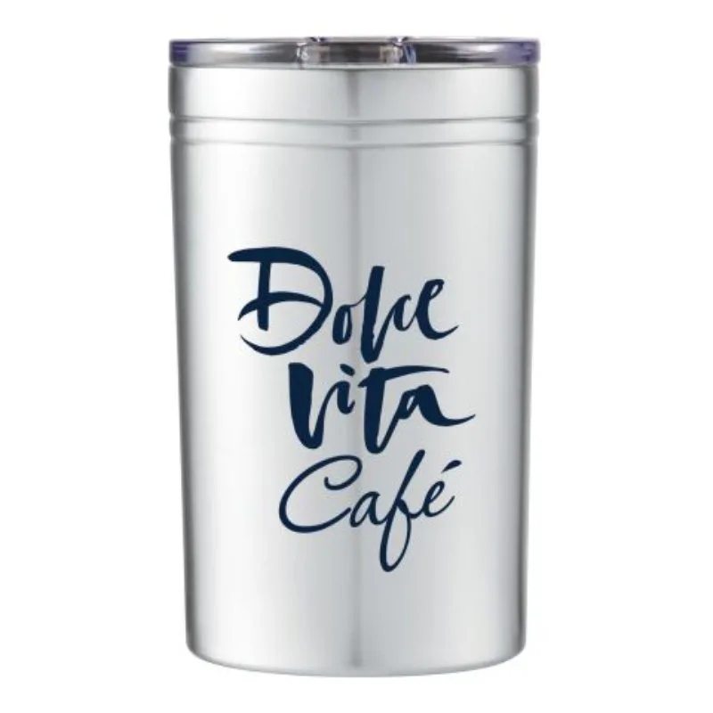 Sherpa stainless steel vacuum tumbler and can insulator, logo branded drinkware for football tailgate giveaways.