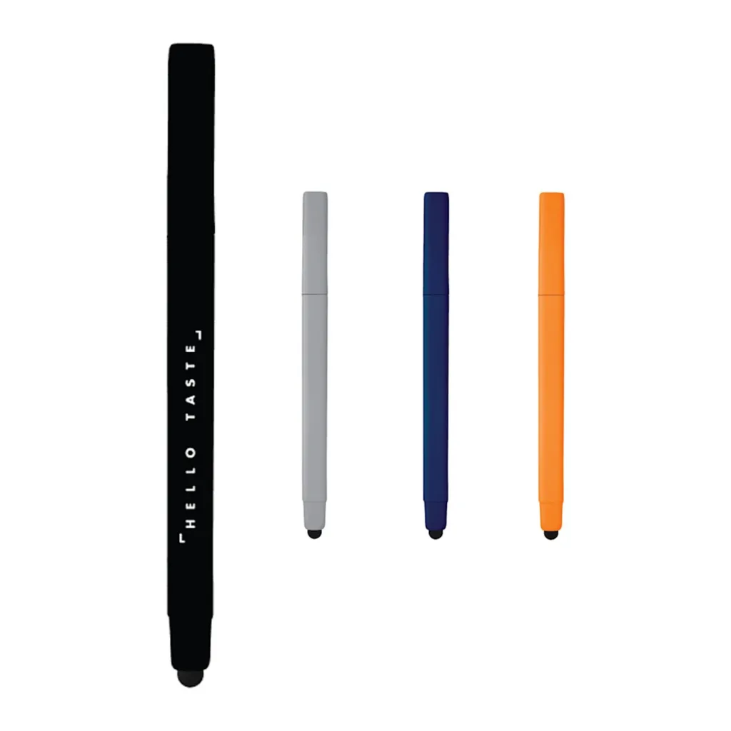 Square stylus pens in black, grey, blue, and yellow, with logo
