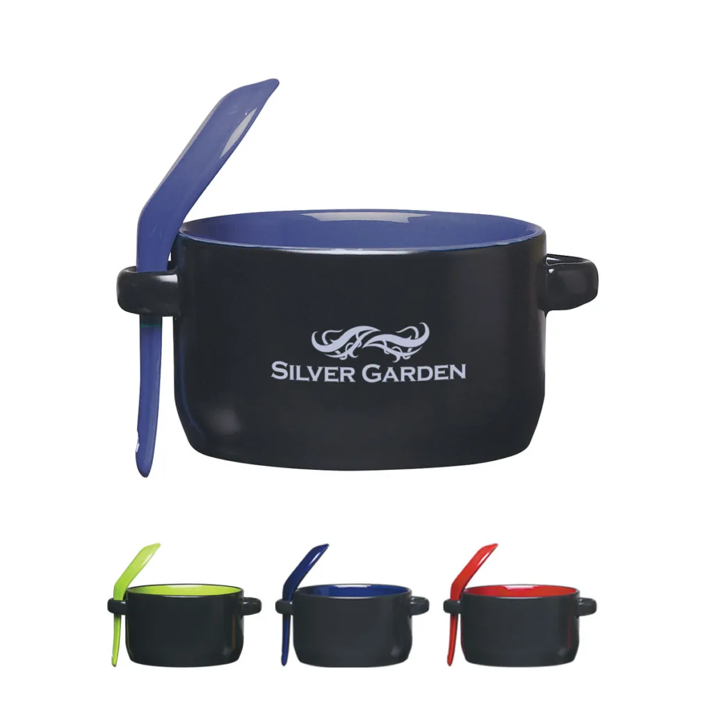 Soup mug in various colors with spoon imprinted with white logo