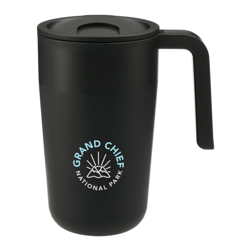 Black stainless steel mug with "Grand Chief National Park" logo