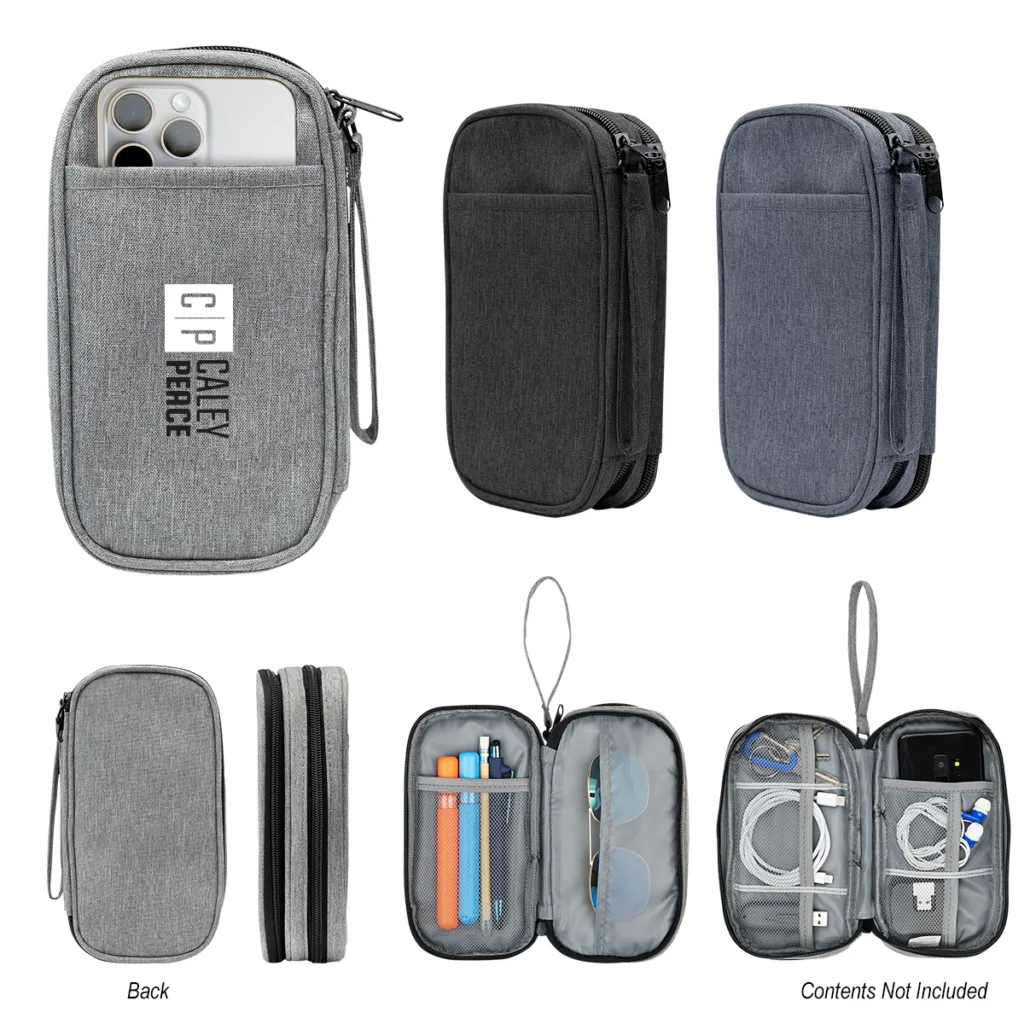 Grey, black, and blue versions of the Tandem tech travel organizer
