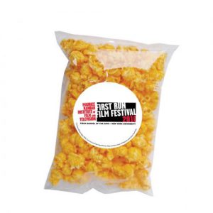 Popcorn in a bag with a company logo