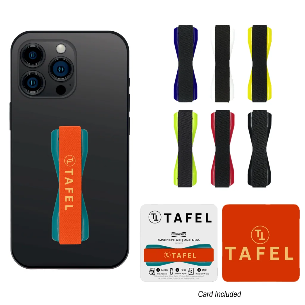 Versatile phone grip attachment with logo.