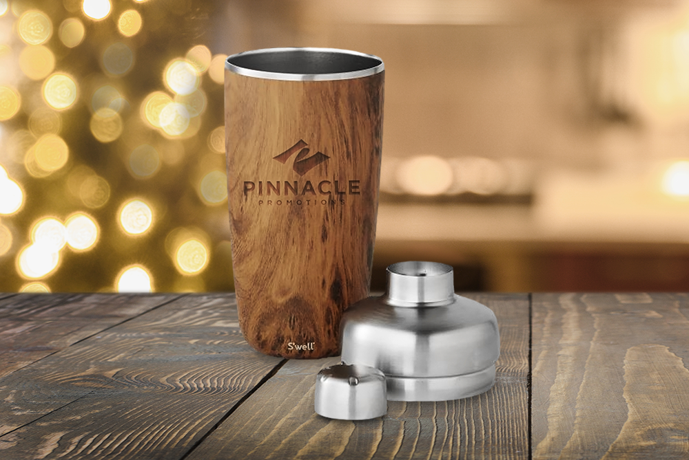Wood-grained S'well shaker set with Pinnacle logo.
