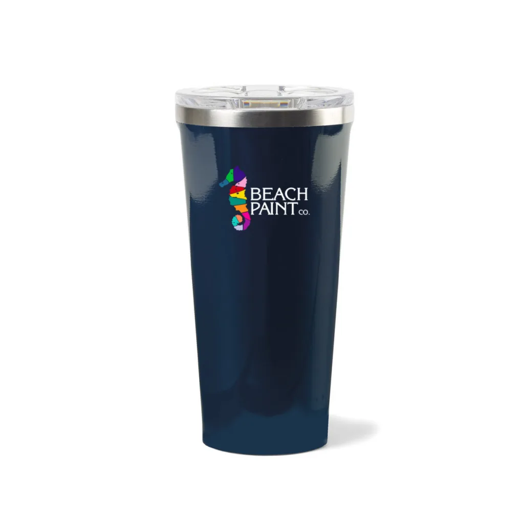 CORKCICLE custom tumbler with a Beach Paint Co. logo and seahorse design.