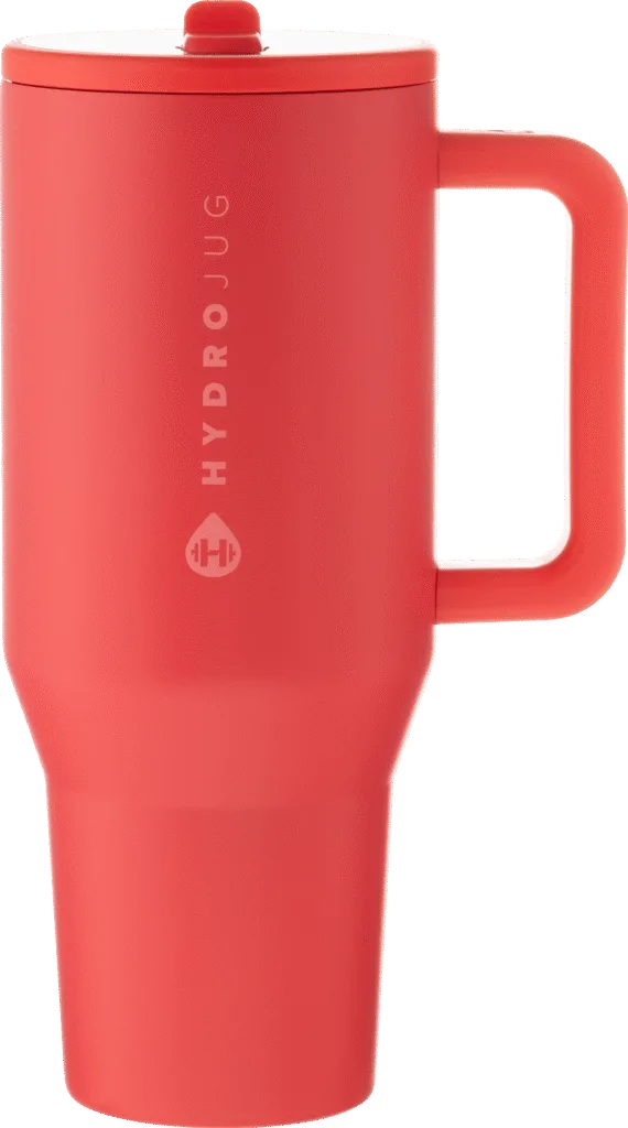 HydroJug promotional tumbler with logo and straw.