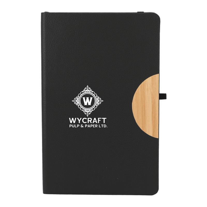 Eco-friendly journal with bamboo accent and custom company logo.