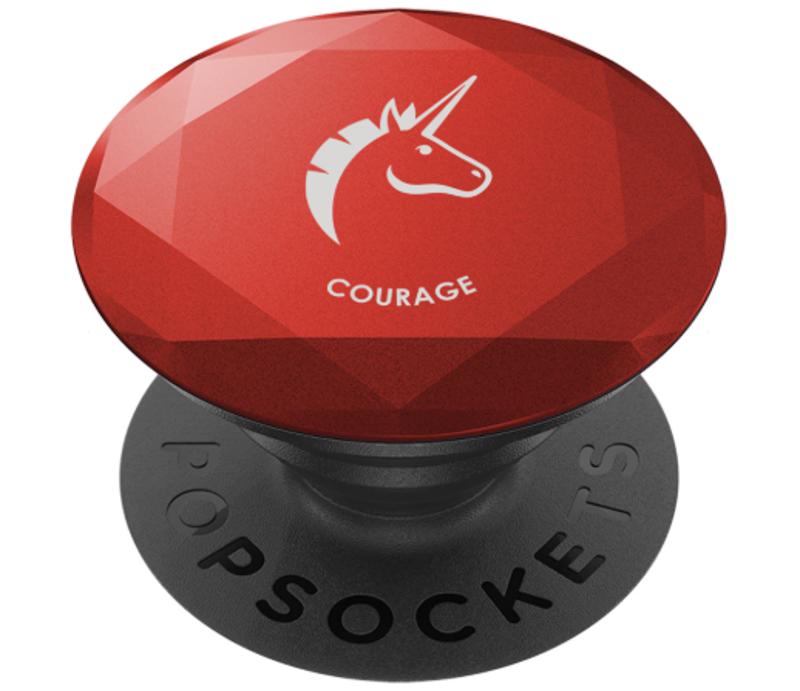 Red gemstone-style custom PopSocket with a white unicorn and the word "Courage."