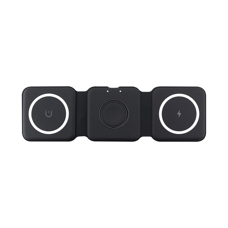 Sleek black 3-in-1 wireless travel charger for devices.