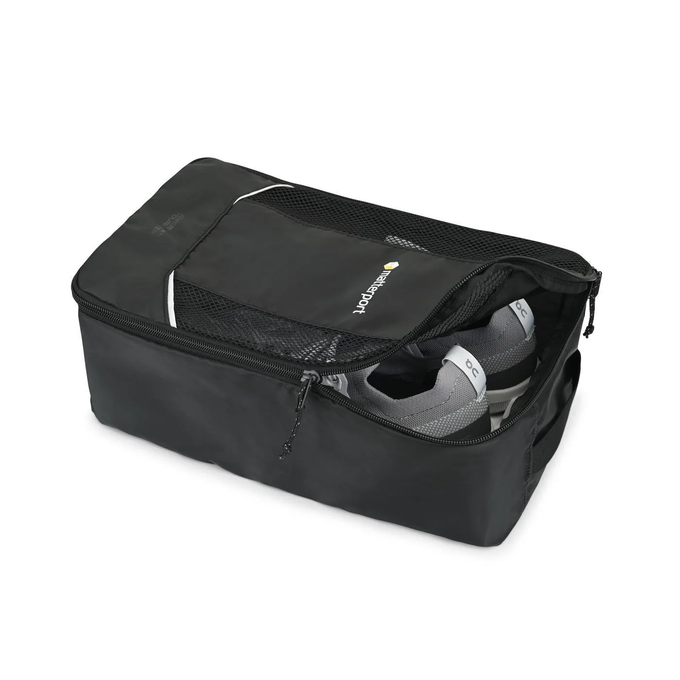 Stylish black shoe bag with handle and zippered top closure.
