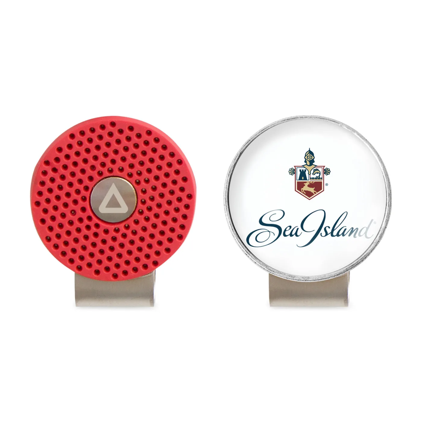 Two magnetic ball marker hat clips with custom-branded epoxy logos.
