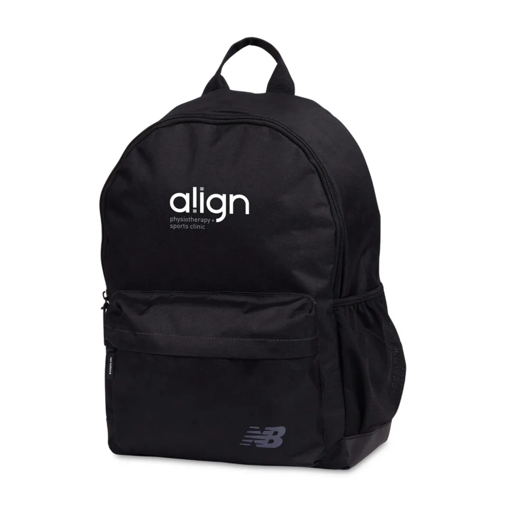 Black New Balance® Essentials Backpack with logo and a spacious main compartment, front zip pocket, and padded shoulder straps.