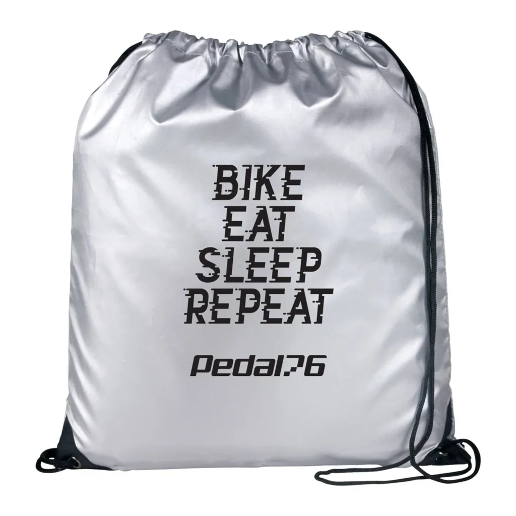 Silver, reflective drawstring bag with logo branding.