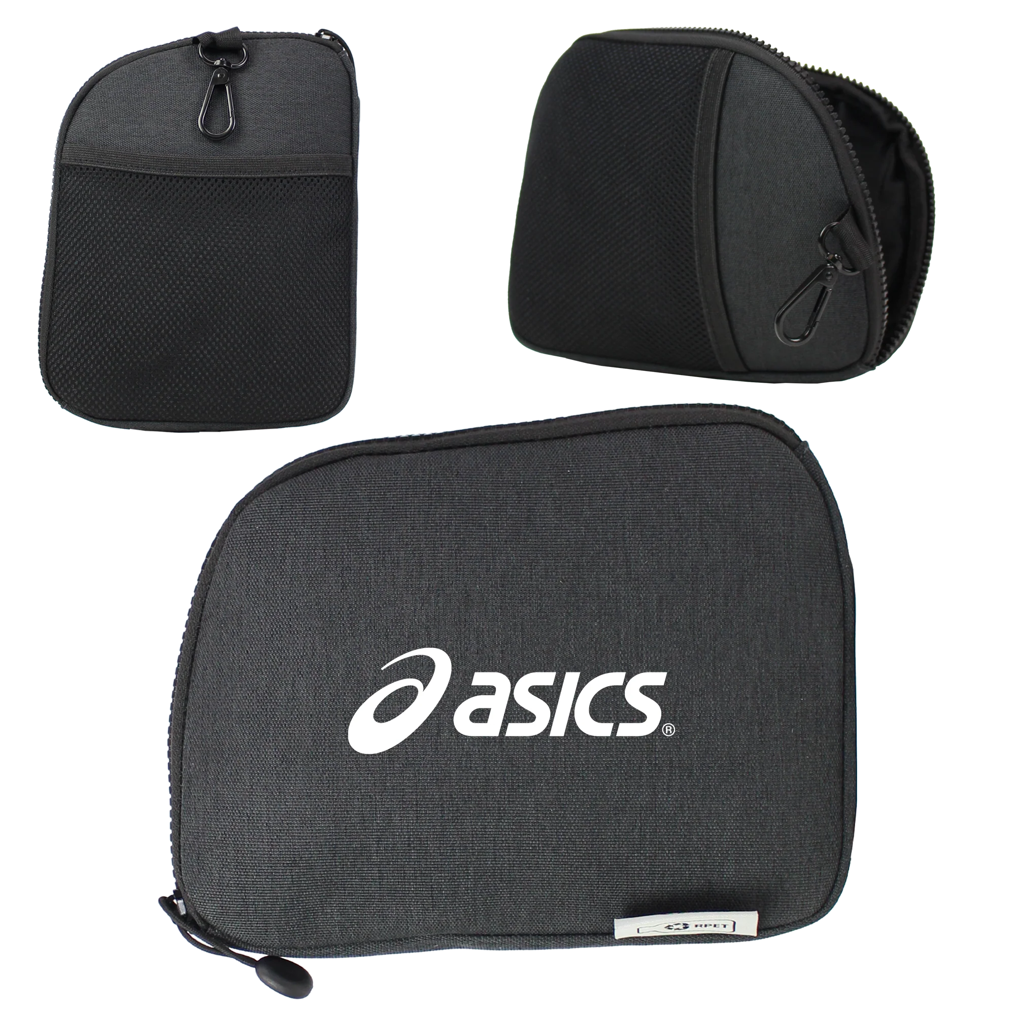 Black valuables pouch with zipper, custom logo, and branding.
