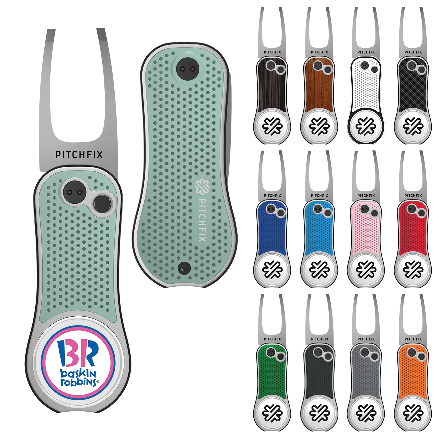 Divot repair tools in various colors with logo ball markers.
