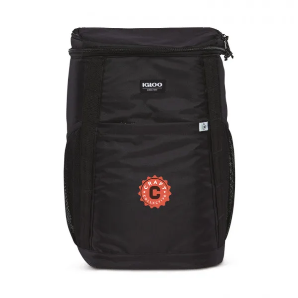 Black Igloo cooler with red logo on front.