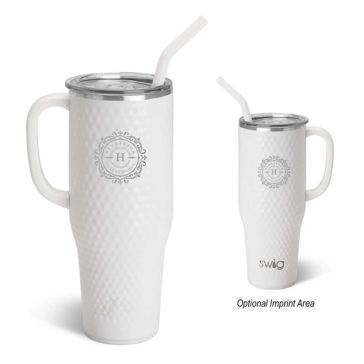 White golf-textured Swig tumbler with grey logo.
