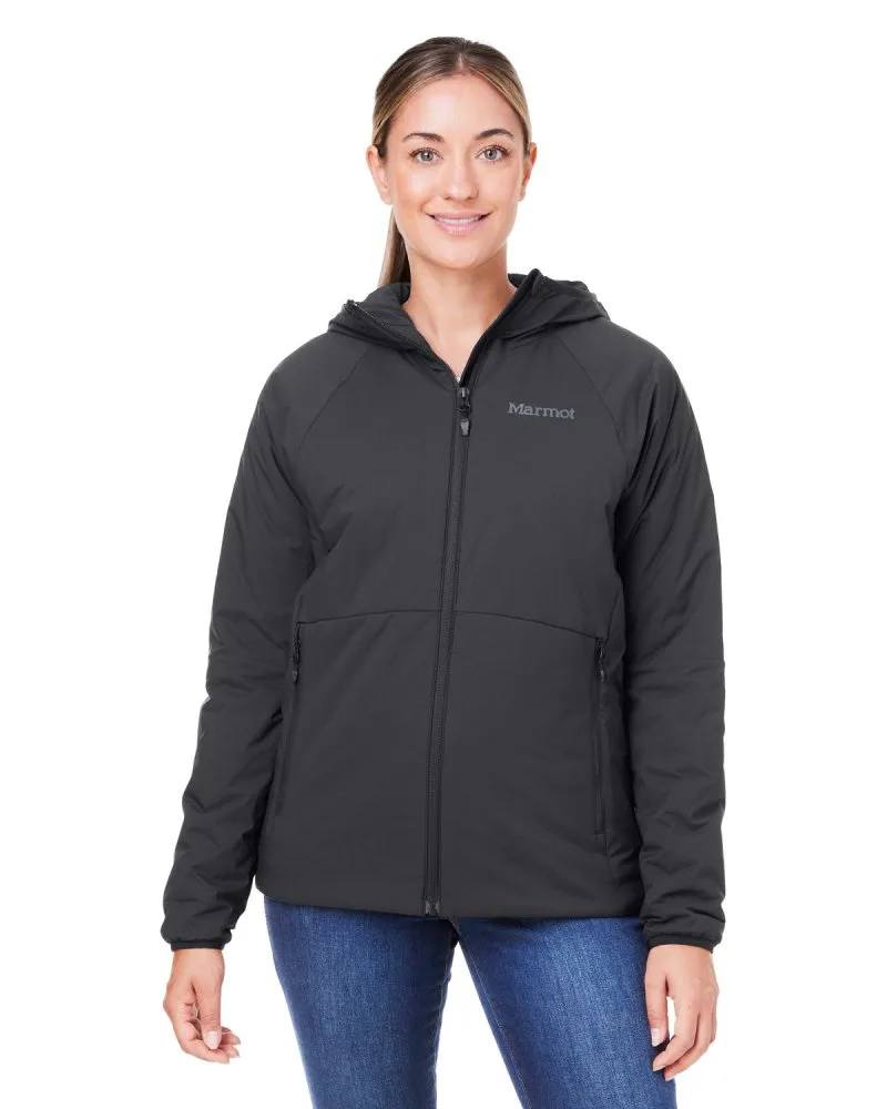 Woman wearing a full-zip Marmot® M2 Novus Hooded Jacket in black