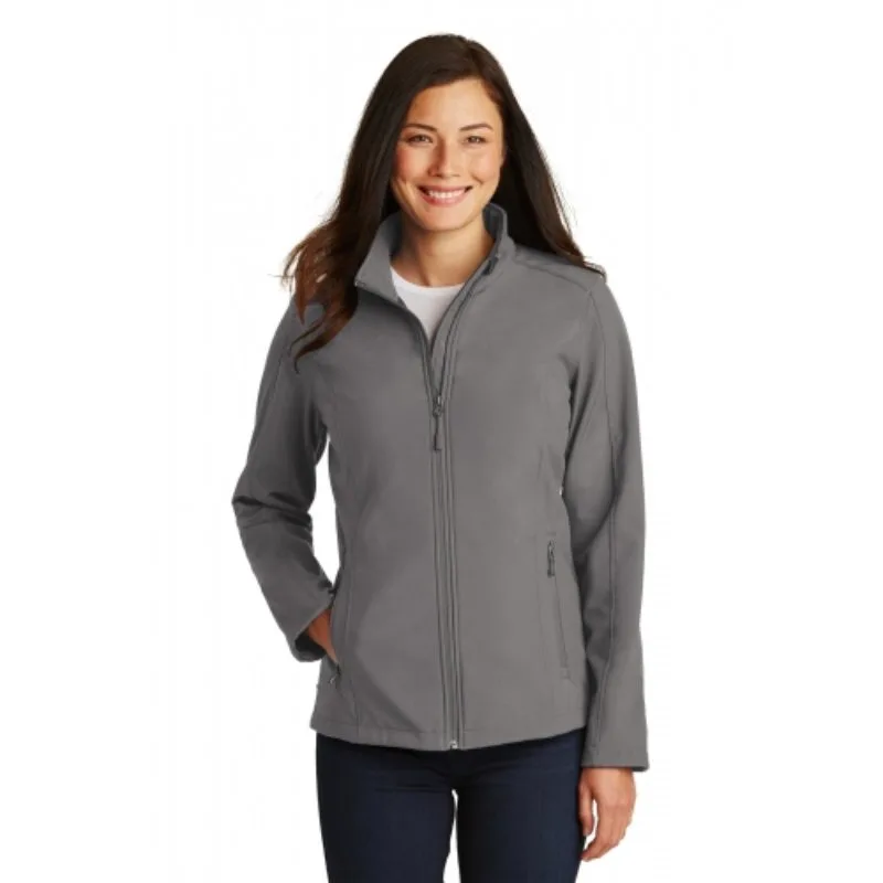Woman wearing a grey Port Authority Core Soft Shell Jacket