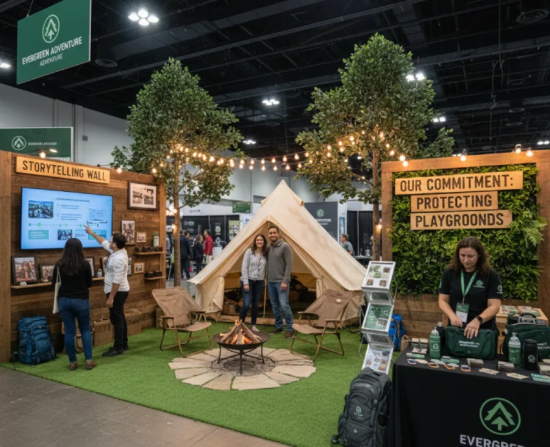 Camping tent booth with storytelling wall and eco décor showcasing brand-centered trade show themes. AI-generated.