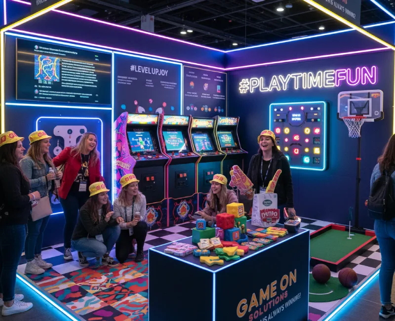 Retro arcade booth with neon colors and games bringing playful, creative fun trade show themes. AI-generated.