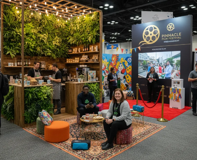 Greenery-filled booth with coffee bar and film festival décor highlighting experiential trade show themes. AI-generated.