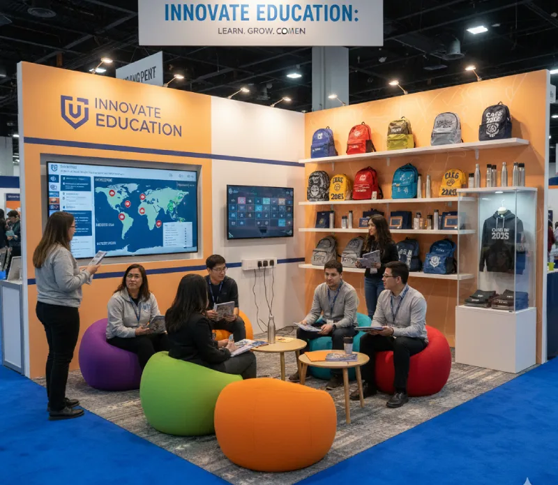 Educational booth with branded backpacks, seating, and digital maps demonstrating industry-specific trade show themes. AI-generated.