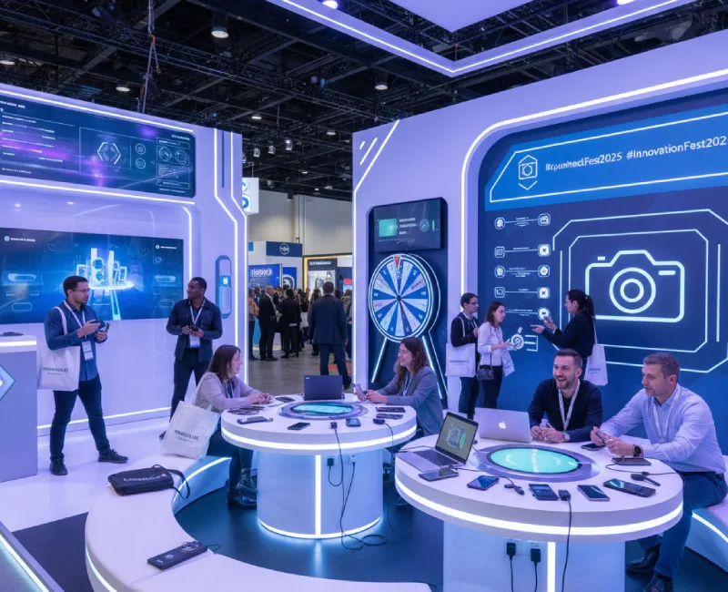 Futuristic booth with interactive screens and neon lighting showcasing technology-focused trade show themes for 2025. AI-generated.
