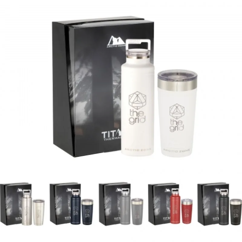 Customized Arctic Zone thermal drinkware gift set with white bottle and tumbler in premium box