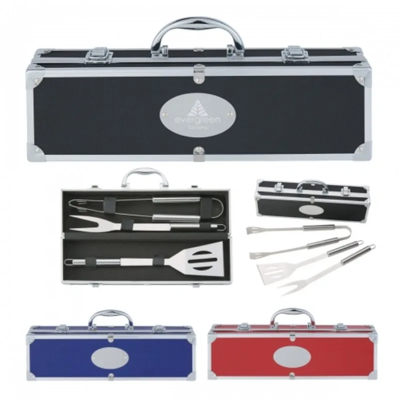 Branded stainless steel BBQ grilling tool set in aluminum carrying case with custom logo