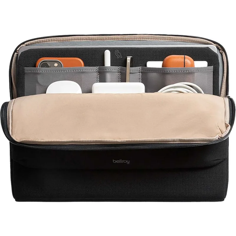 Bellroy tech organizer pouch displaying cable management compartments for corporate employee gifts
