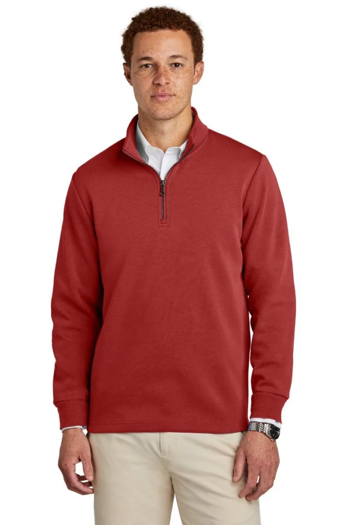 Professional men's quarter-zip pullover sweater in coral red for custom corporate apparel branding