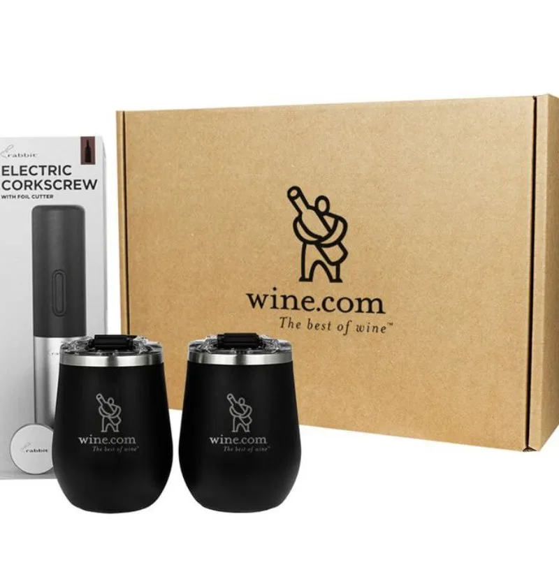 Promotional gift set with electric corkscrew and insulated stemless tumblers in gift box