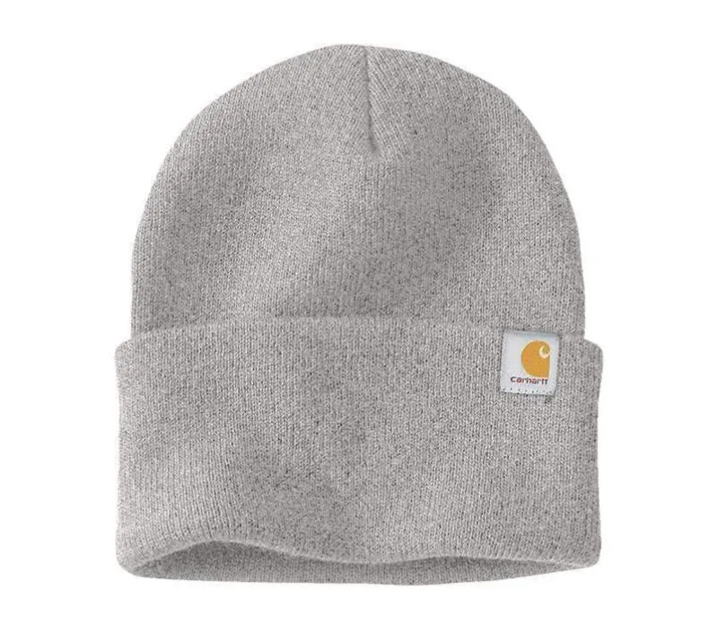 Gray Carhartt® rib-knit beanie with logo patch for cold-weather wear.